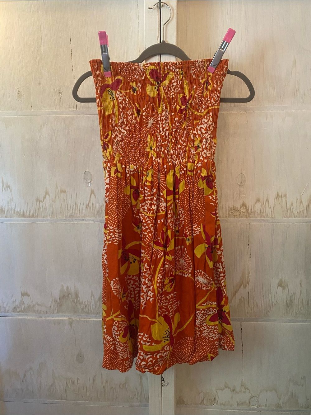 Speed Control Large Orange Floral Strapless Smocked Sundress Vacation Beach